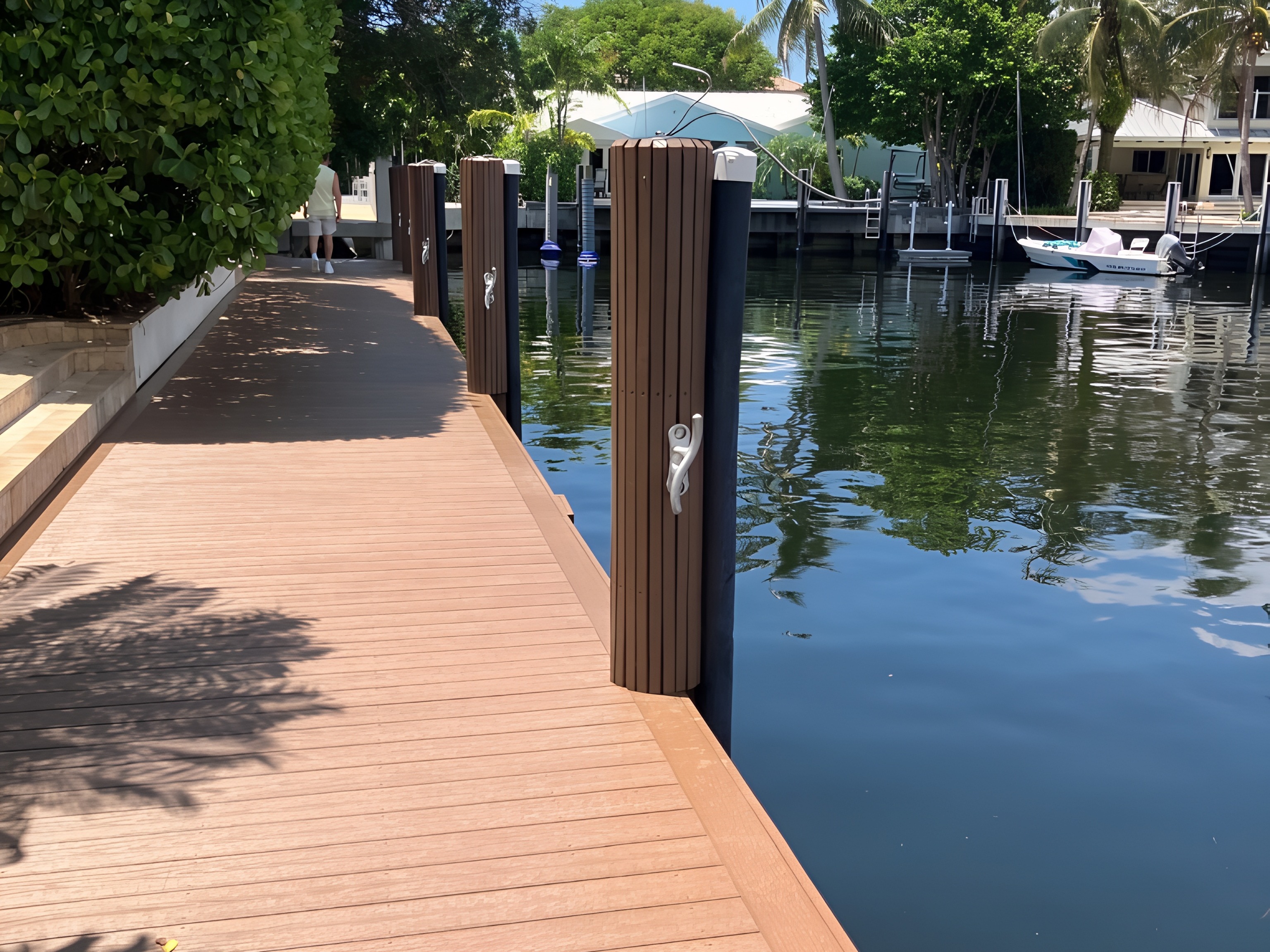 Brown composite dock with dark wrapped pilings along a tropical South Florida canal — Contour Marine