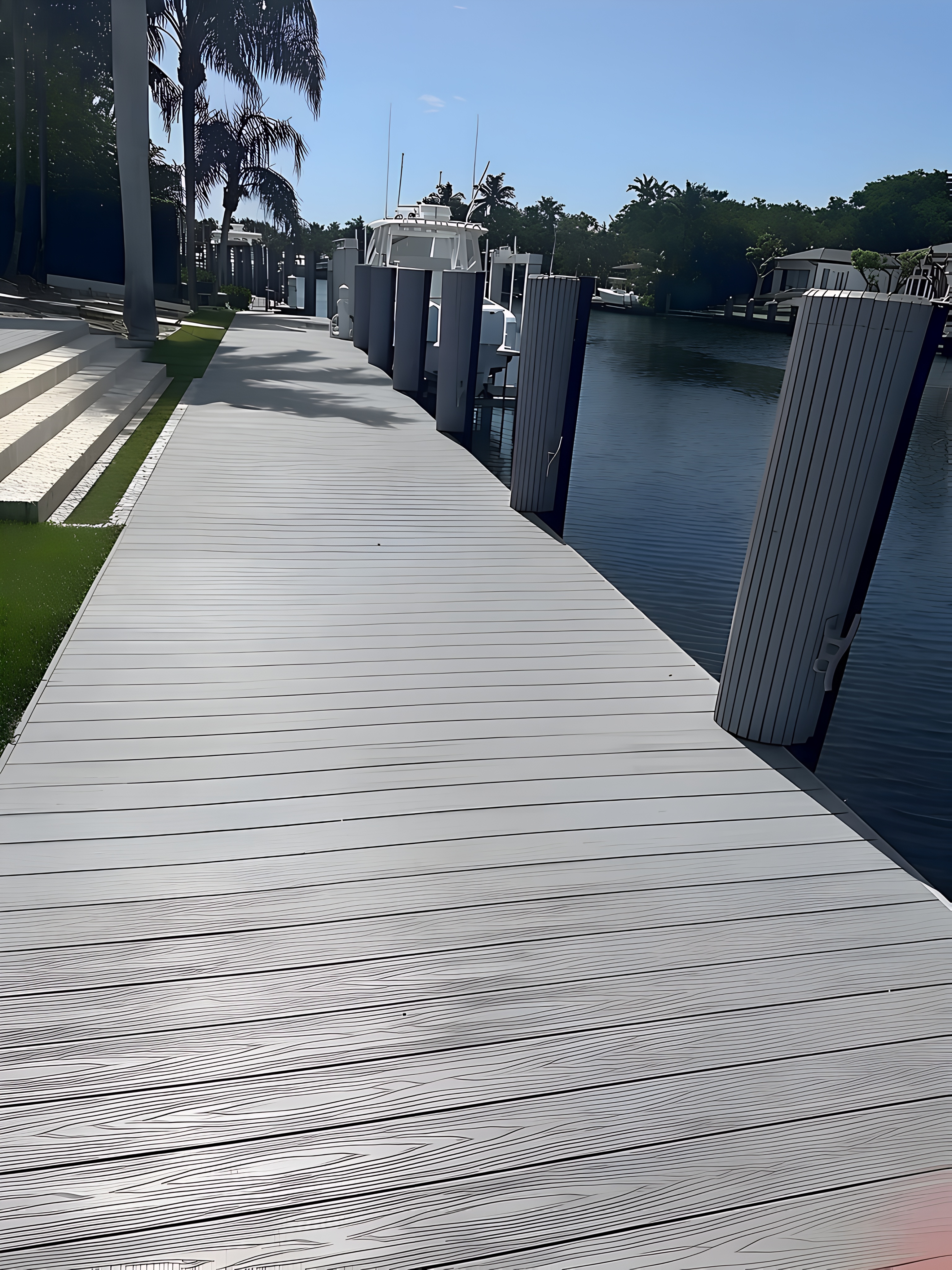 Gray composite dock walkway with dark pilings along a South Florida canal — Contour Marine