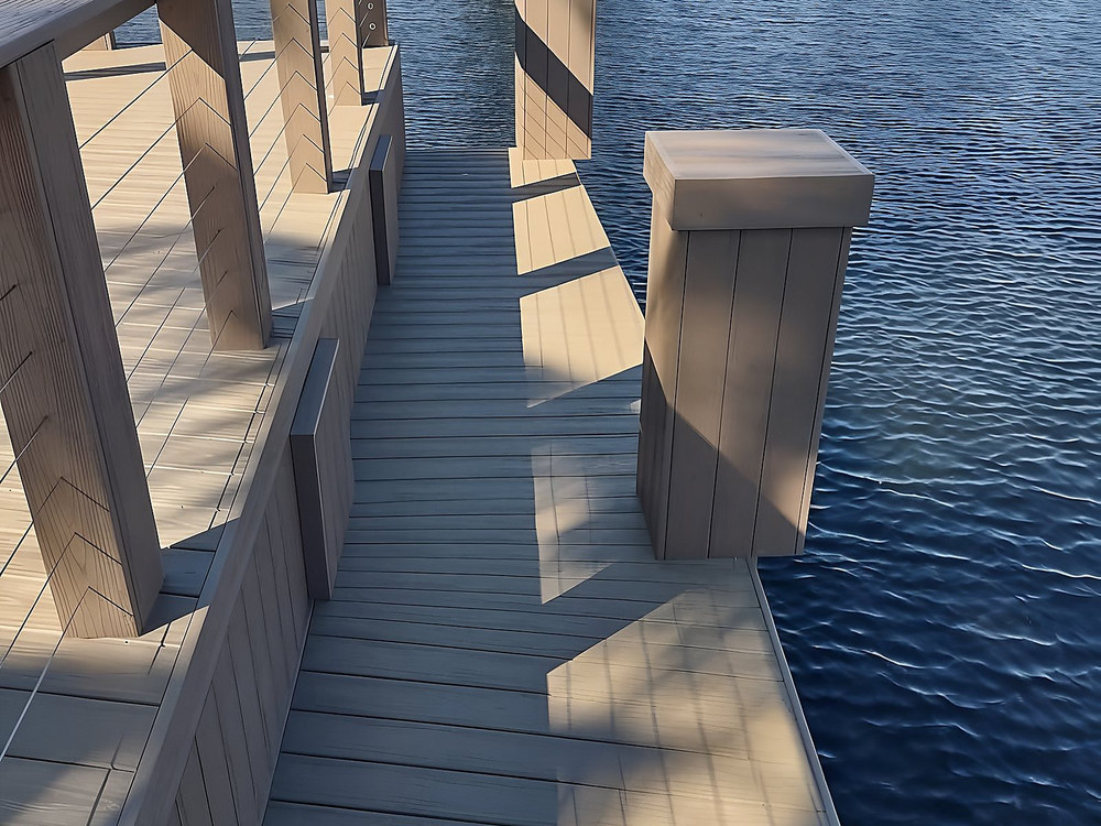 Light composite dock walkway with square posts and railing along South Florida canal — Contour Marine