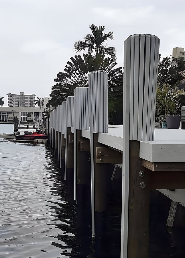 Traditional wood pilings with composite wrap caps along South Florida waterfront — Contour Marine