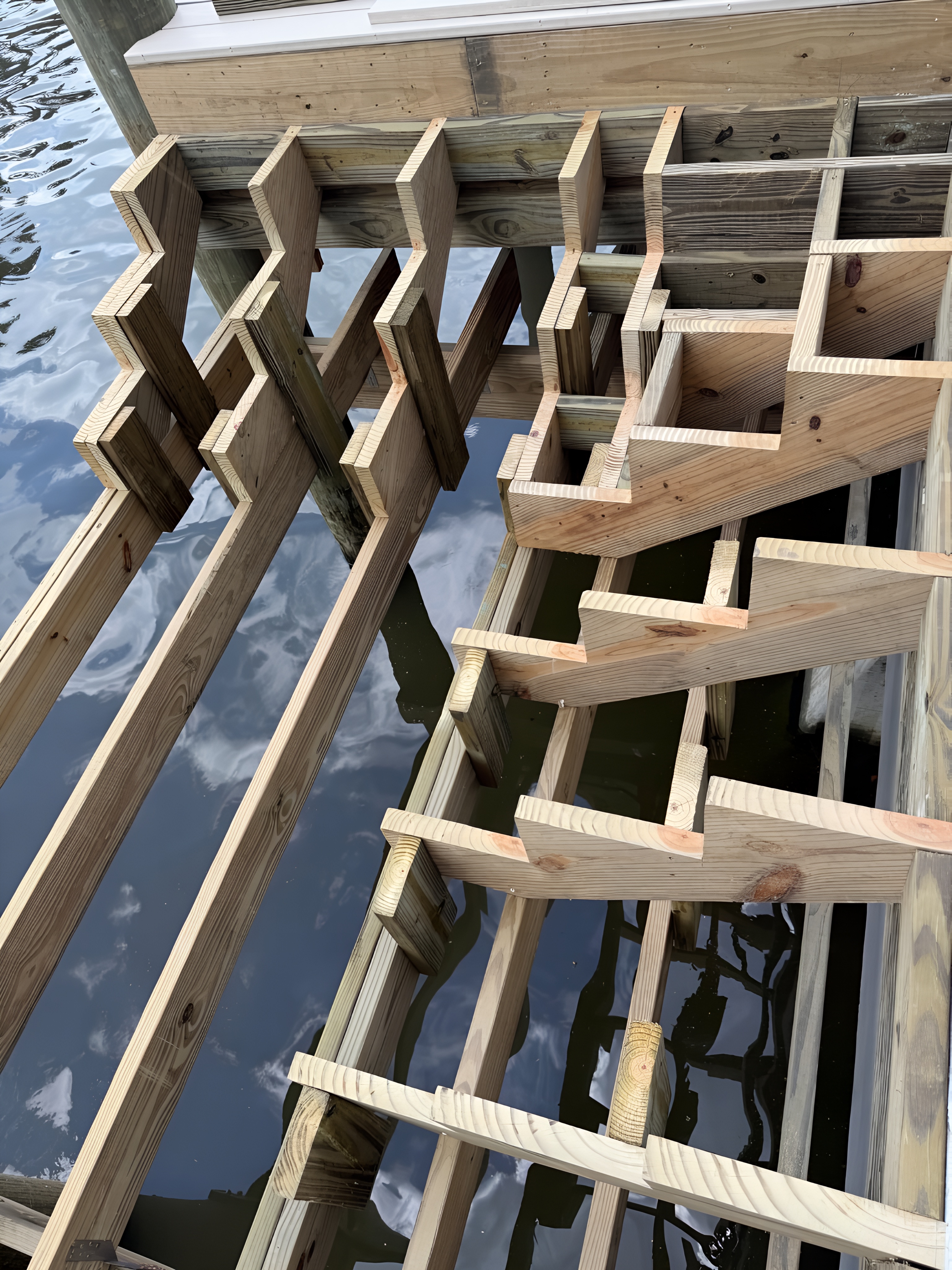 Close-up of custom stair stringers and structural framing — Contour Marine dock construction