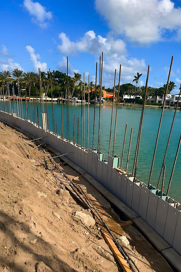 Seawall construction phase — rebar and concrete panels being installed along a South Florida waterway