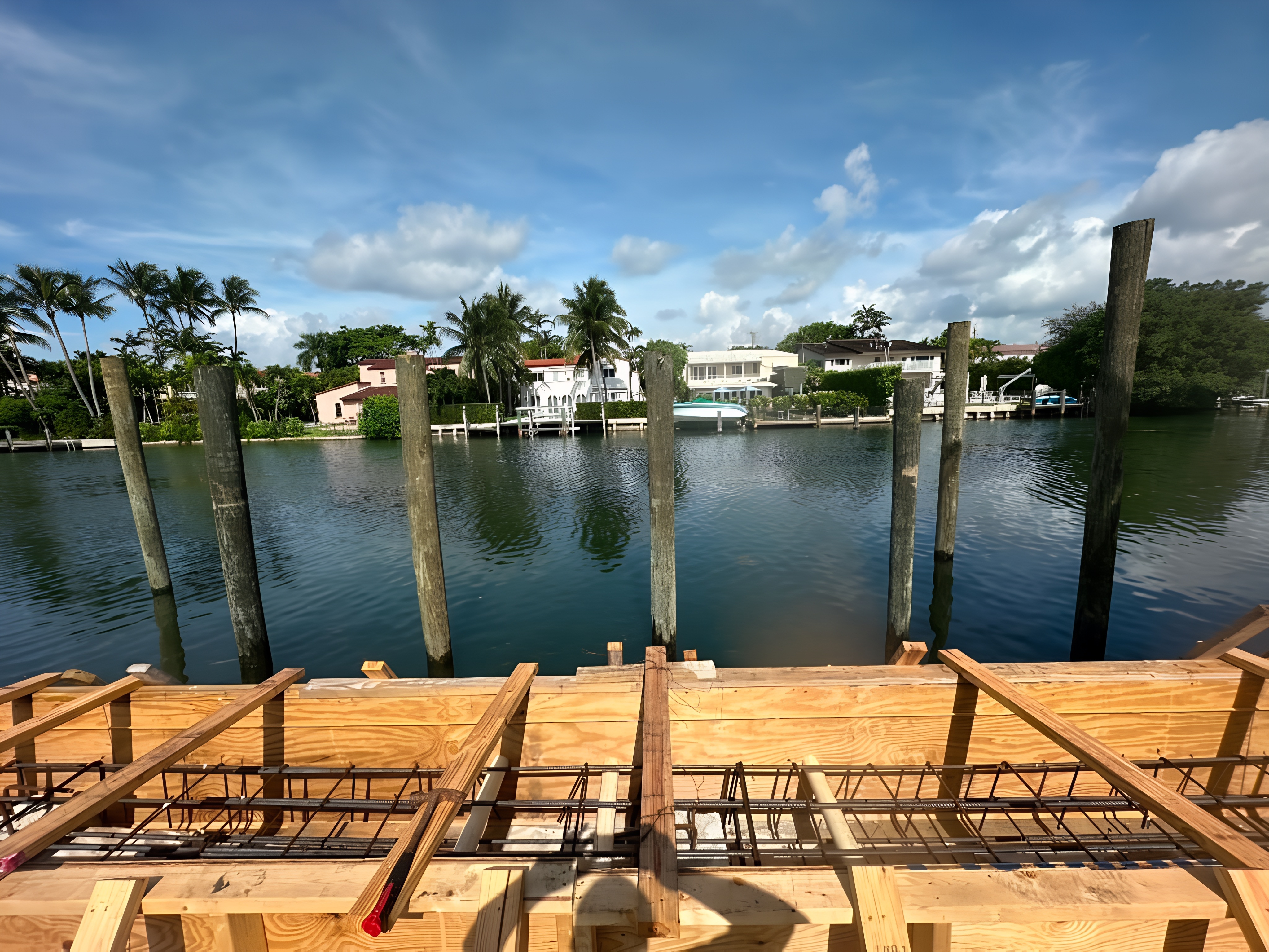 Seawall under construction — rebar formwork and pilings along South Florida canal — Contour Marine