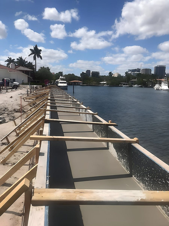 Fresh concrete being placed inside seawall formwork along South Florida waterfront — Contour Marine