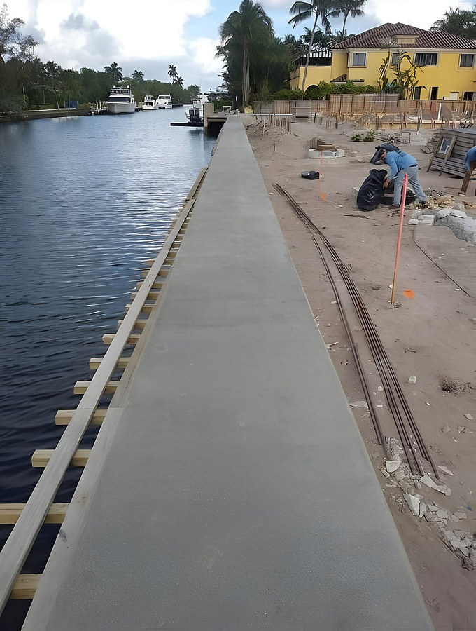Freshly finished concrete seawall cap with workers and rebar coils, canal view — South Florida by Contour Marine